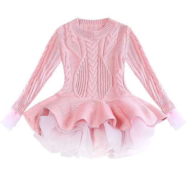 EGNMCR Robe Sans Manches à Col Rond Tout-Petits Enfants Bébés Filles Chandail Tricoté Robe d'Hiver au Crochet avec Tulle Chandail Robe Fille