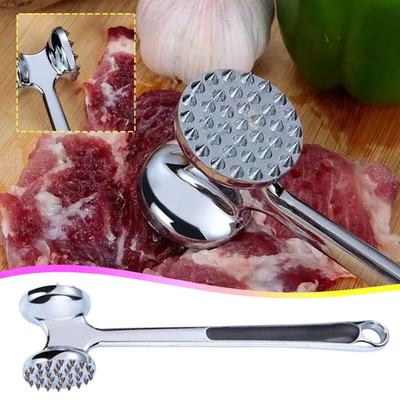 2-Sided Meat Tenderizer Hammer, Alloy Steak Pounder with 34-Point Textured Head and Flat Side, Kitchen Tool for Beef, Chicken, Garlic, Silver
