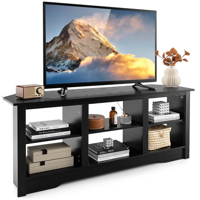 Costway Meuble TV 58 Pouces avec 6 Étagères de Rangement Ouvertes pour Cheminée de 18 Pouces (Non Inclus) Noir