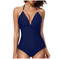 thumbnail image 3 of VBTAPA Tummy Control Swimsuits for Women Full Coverage One Piece Bathing Suits Metal Halter V Neck Ruched Slimming Swimwear Prime Sales Today Dark Blue M, 3 of 5