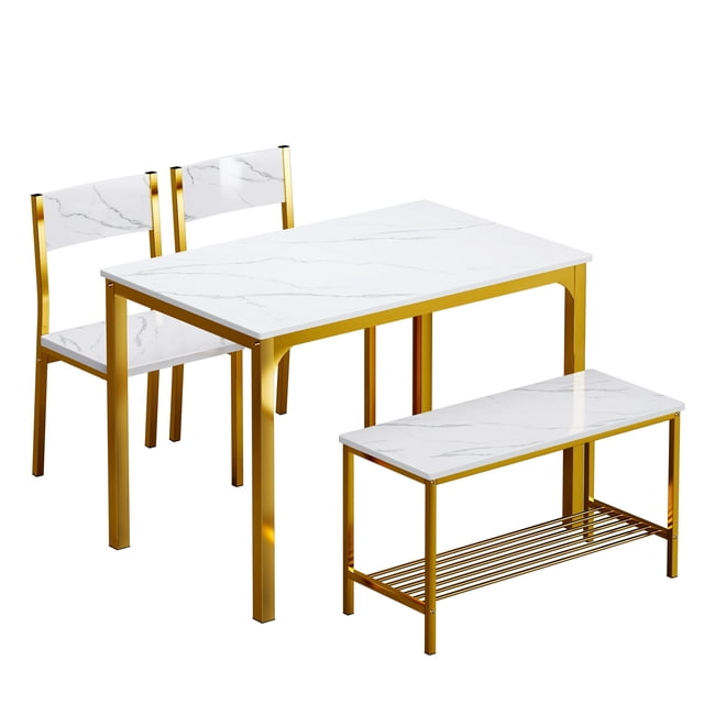 SogesPower 4 Pieces Contemporary Wood, Iron Dining Table Set Gold/White