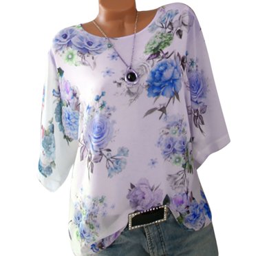Flywake Women Plus Size Casual T-shirt Floral Print Slash Neck Comfy Short Sleeve Loose Tunic Summer Tops