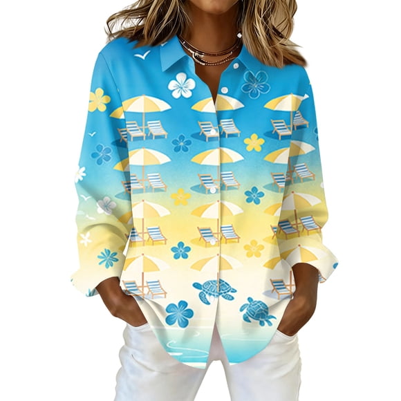 OIOLOYJM Womens Hawaiian Shirt Hawaii Floral Print Long Sleeve T Shirts Summer Vacation Button Up Loungewear Work Sky Blue M