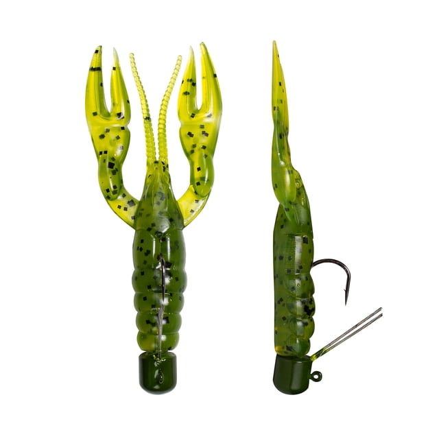 Lunkerhunt Finesse Craw Leurre de Pêche Couleur de Graines de Melon D\'eau, Vues de devant et de Côté Montrées, Pré-Gréé sur une Tête de Champignon Sans Herbes de 1/4 oz avec un Hameçon Pointu, Présentant un Corps Segmenté Vert et Jaune avec des Mouchetures Noires et des Antennes Flexibles et des Griffes Qui Imitent une Écrevisse Juvénile, Convient comme Poisson de Gibier d'Eau Douce comme l'Achigan.