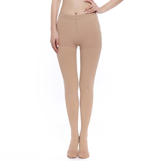 Compression pantyhose in a nude skin tone, designed for graduated support and improved circulation. These XXL exposed-toe tights are made of nylon and are suitable for alleviating fatigue, swelling, and treating varicose veins and lymphedema. The image shows a front-facing view of the pantyhose worn by a model, highlighting the comfortable and stylish fit.