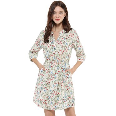 INSPIRE CHIC Women's V Neck Floral 3/4 Sleeves Side Pockets Button Dress