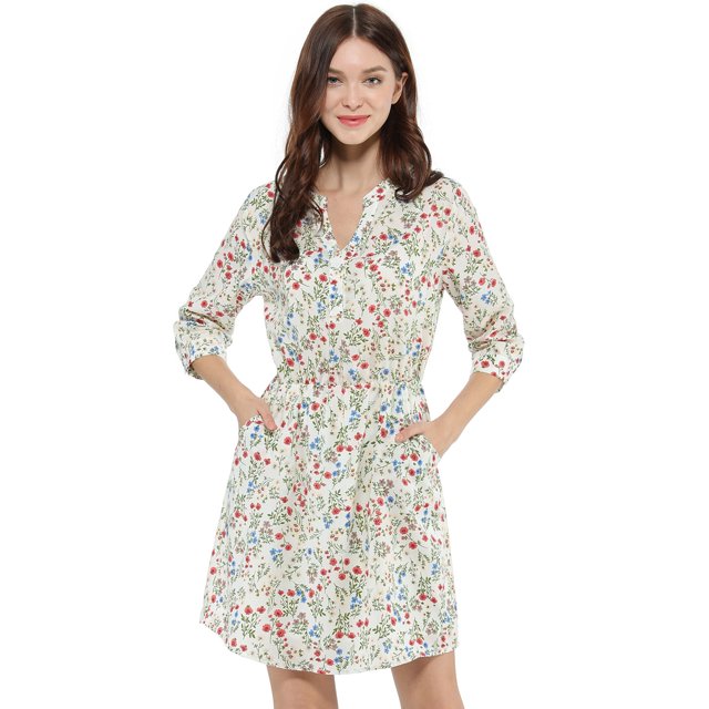 INSPIRE CHIC Robe à Boutons pour Femme à Col en V à Fleurs Manches 3/4 avec Poches Latérales