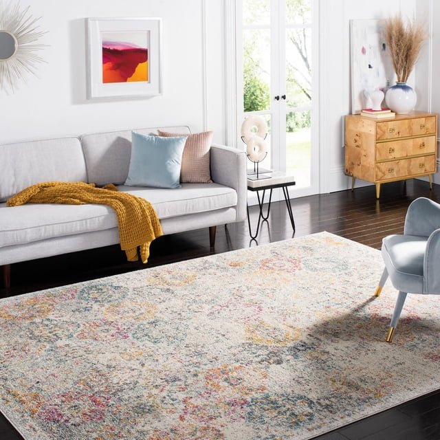 SAFAVIEH Madison Tapis Floral Géométrique Judith, 8'x10 Pieds, avec un Motif Floral et Géométrique Atténué en Tons Bleu, Rose, Jaune et Gris. Tissé Mécaniquement pour la Durabilité, Il Est Posé sur des Planchers de Bois Franc Sombres dans un Salon Contemporain avec un sofa Gris Pâle, des Coussins pastel, Jeté Moutarde, Fauteuil Bleu avec Pattes Dorées, Commode en Bois et table d'Appoint Près de Portes en Verre. Convient pour Ajouter un style durable et Facile d'Entretien à la Déco de Maison Transitionnelle.