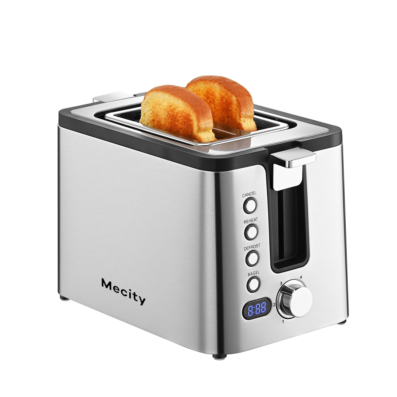 Mecity Toaster 2 Slice Stainless Steel Body, Timer, Bagel, Defrost, Reheat, Cancel Functions, Warming Rack, Removable Tray, 6 Browning Settings, Extra Wide Slots, Bread