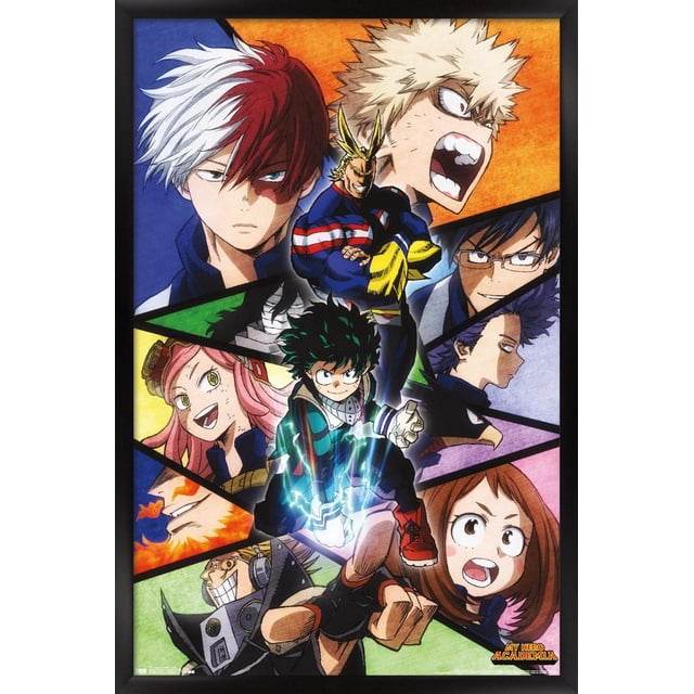 My Hero Academia - Visages Affiche Murale, 22,375 Po x 34 Po Présentant Plusieurs Personnages d'Anime de la Série en Panneaux Segmentés Vibrants avec une Figurine Centrale Émettant des Effets de Foudre Bleus, Imprimée sur Papier d'Affiche Brillant, Convient pour Décorer des Chambres, des Bureaux Ou des Résidences Étudiantes.