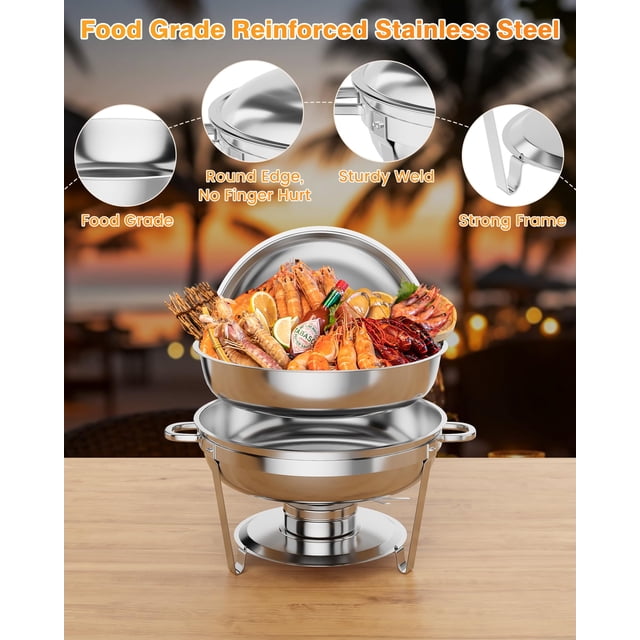BeesClover Plat Anti-Frottement pour Buffet, Ensemble de 5 Qt de Plats Ronds Anti-Frottement pour Buffet avec Porte-Couvercle, Réchauds et Réchauds Alimentaires en Acier Inoxydable avec Cuillère et Pinces pour Fêtes, Mariages