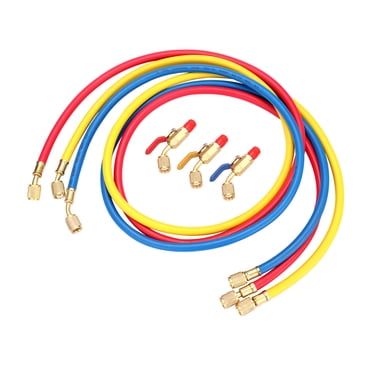 R134A R12 R22 Air Conditioning Refrigerant Charge Hose 1/4'' SAE Thread 60''/1.524m Long Red/Yellow/Blue Tube with Ball Valve