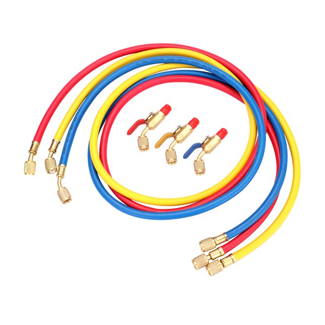 R134A R12 R22 Air Conditioning Refrigerant Charge Hose 1/4'' SAE Thread 60''/1.524m Long Red/Yellow/Blue Tube with Ball Valve