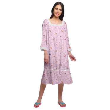 Moomaya WoMen's Printed Long Sleeve Square Neck Cotton Sleepwear Gown