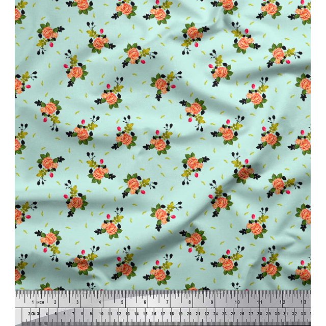 Soimoi Green polyester Crepe Fabric Leaves & Grandiflora Roses Floral Printed Fabric 1 Yard 52 Inch Wide