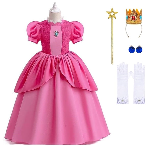HAWEE Peach Costume Girls Mushroom Princess Peach Dress for Birthday Halloween Party Favors Outfit with Accessories