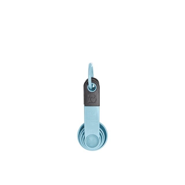 KitchenAid 5pc Measuring Spoon Set Mineral Water with five nested light blue BPA-free plastic spoons sized 1 tablespoon to 1/4 teaspoon marked in metric and imperial units, connected by a thick plastic ring for organized storage, dishwasher safe and suitable for measuring wet and dry ingredients.