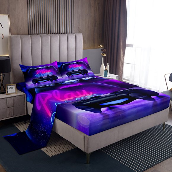 YST Gamer Bed Sheets for Boys Girls Game Gaming Full Size Sheet Sets Kids Teens Purple Galaxy Sheets 4pcs Gamepad Print Flat Sheet,Novelty Game Controller Fitted Sheet Room Decor