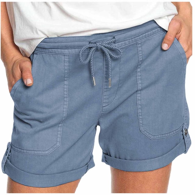 AherBiu Women's Drawstring High Waisted Button Roll Up Hem Hiking Shorts, Solid Color