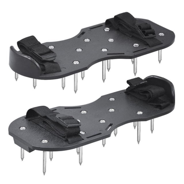 Amdohai Lawn Aerator Shoes in black, featuring 26 galvanized ferroalloy nails for soil aeration. The shoes have two durable plastic buckles for a secure fit and are designed to loosen soil, promoting better plant root growth. Suitable for lawns, gardens, courtyards, and even construction use. Includes a wrench, 26 nails, 26 nuts, and 4 buckle straps.