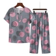 thumbnail image 2 of Tnhcen Ensemble de Sommeil 2 Pcs pour Femme d'Été Aspect Lin / Haut à Manches Courtes Boutonné à Col Rond à Imprimé Rétro + Pantalon à Taille Élastique / TG-4TG, 2 of 3
