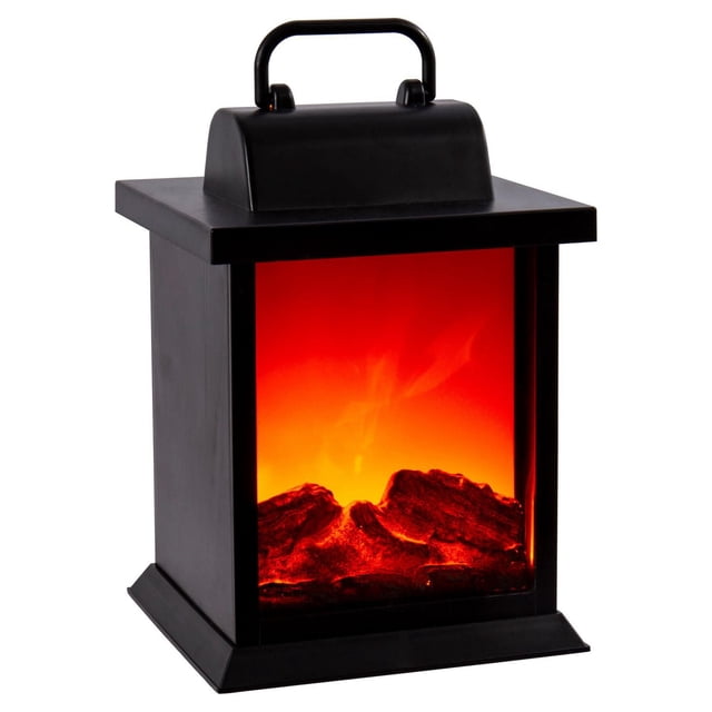 Truu Design Heatless LED Silent Lantern with Handle, a black plastic camping lantern measuring 5.25 by 10 inches, featuring a top handle and amber LED flame effect that simulates flickering embers, ideal for cozy indoor or outdoor ambiance and camping use.