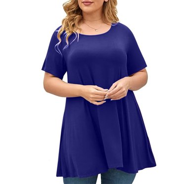 VEKDONE Women's Plus Size Blouse Summer Short Sleeve Crewneck Tunics Tops Trendy Solid Color Ruffled T Shirts Casual Loose Fit Flowy Long Top Summer Savings