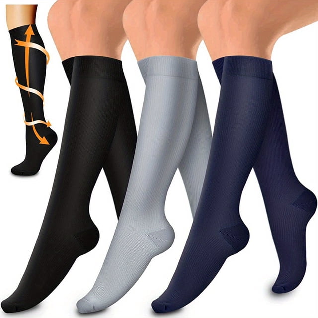 3 pairs of MayDing copper compression socks for blood circulation support, offering 15-20mm Hg compression. Available in black, grey, and navy, these knee-high compression stockings are suitable for women and men. Designed with reinforced stitching and smooth texture for comfort and durability.