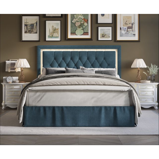 HMD Gianna Lit Plateforme Capitonné Rembourré pour Lit Simple, Bleu Denim