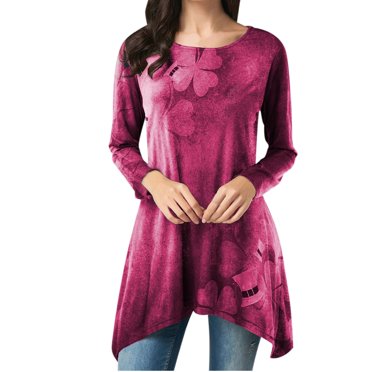 Pompotops Woman's Round Neck Long Sleeve Printed Turtleneck Irregular Hem T Shirt Casual Top