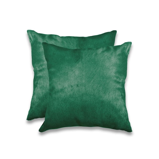 TORINO COWHIDE PILLOW 18"X18" 2-PACK showing two green square pillows crafted from 100% natural Indian cowhide with soft microsuede backing, hand-stitched with hidden zipper closures, ideal for layering and adding texture to home décor.