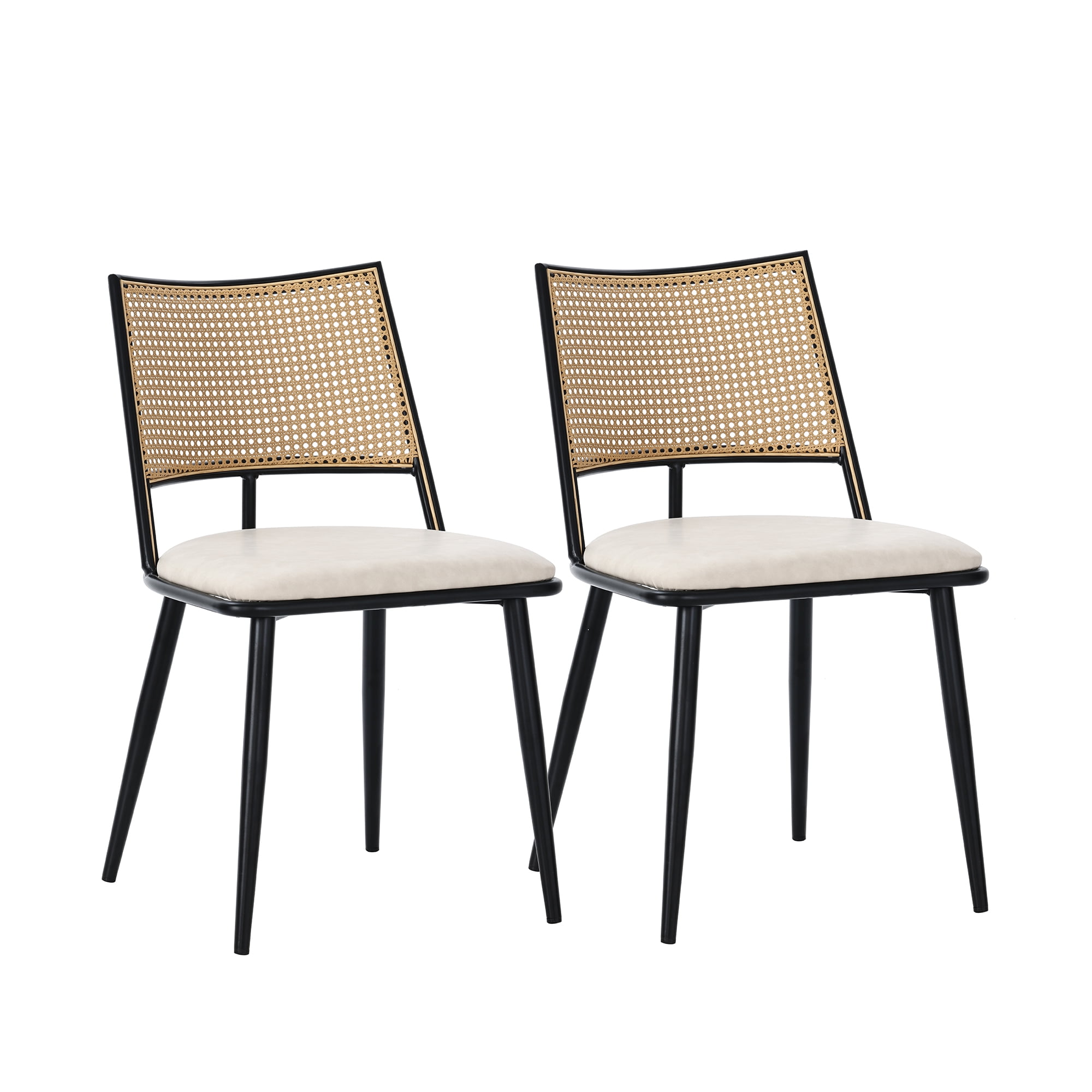 Noble House Chaises de Salle à Manger Modernes Ensemble de 2, Sièges Rembourrés en PU Faciles à Nettoyer avec Dossier en Rotin PE, Noir + Naturel