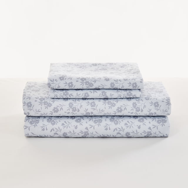 Gogreen 3PC Deep Pocket Twin Sheet Set with a gray floral pattern, crafted from breathable microfiber fabric for cotton-like softness and durability. Includes a flat sheet, fitted sheet, and pillowcase designed for twin-size mattresses up to 16 inches deep. Fade-resistant, wrinkle-resistant, and suitable for all seasons, this hotel-style sheet set is gift-worthy for men, women, and kids.