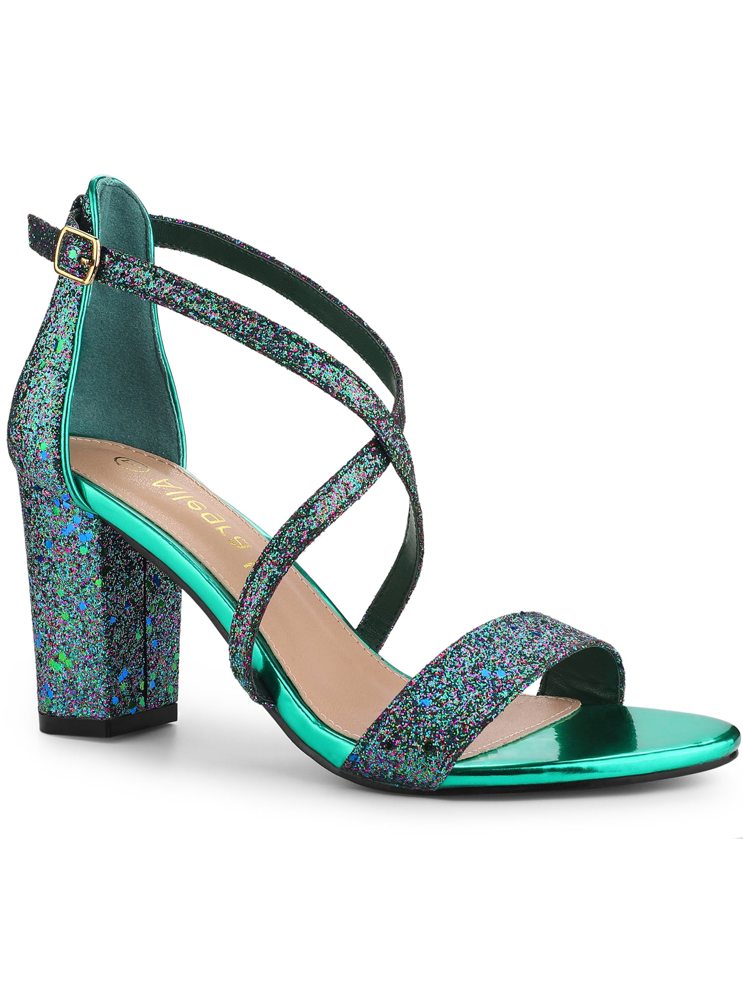 BLISSFUL STEP Sandales à Talon Bloc pour Femmes à Paillettes à Brides Croisées Vert 11