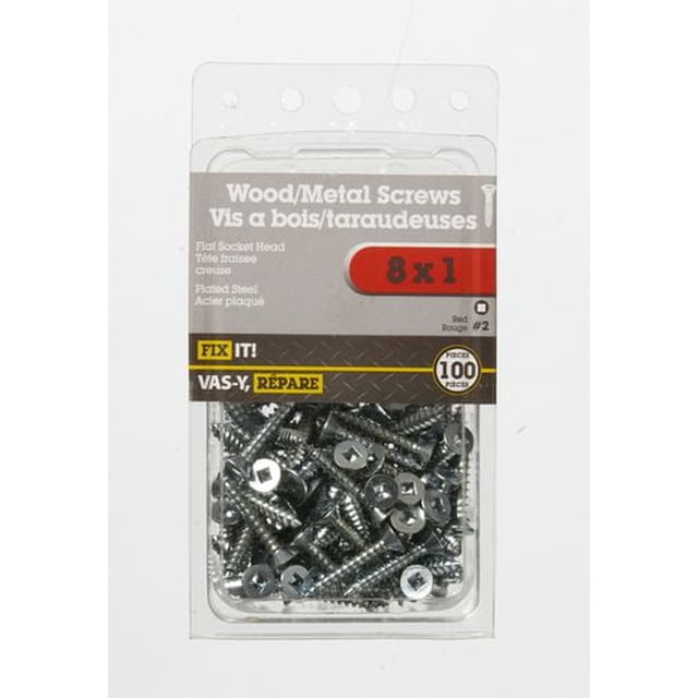 8x1" Flat Head Wood Screw 100 Pieces in clear plastic packaging showing plated steel screws with flat socket heads, designed for wood and metal fastening, FIX IT! brand with bilingual English and French labeling, ideal for home improvement projects requiring strong holding power.