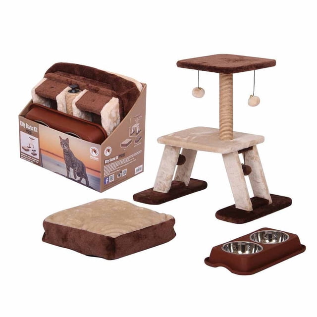 Pet Pals Petpals Group Kitty Starter Kit with a small beige and brown fleece cat tree featuring a sisal scratching post and two hanging plush toys, a matching soft fleece bed cushion, and a brown double stainless steel water and food bowl, displayed with packaging.