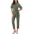 thumbnail image 1 of Unique Bargains Combinaison Short pour Femme à Col Rabattu, Boutonnée, Taille à Nouer, Cargo, 1 of 6