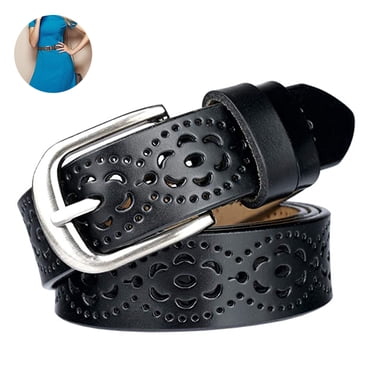 Women's Hollow Flower Leather Belt for Jeans Pants - Wide Belt for Ladies - Coffee