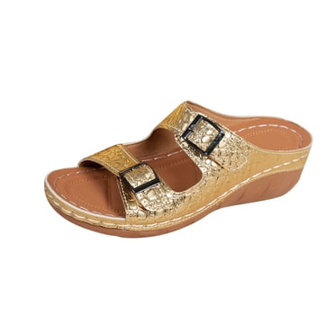 Wedge Sandals for Womens Slide Sandals Double Buckle Straps Stone Embossing Open Toe Arch Support Non Slip Summer Sandals Gold