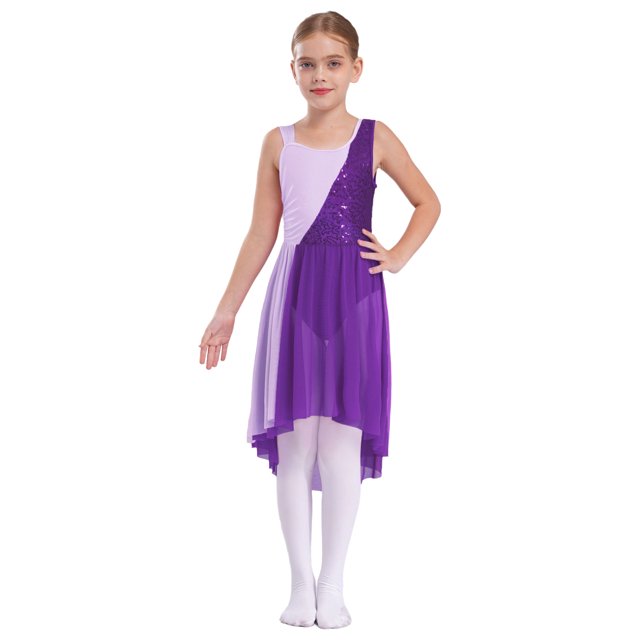 RUNQHUI Filles Enfants Sans Manches Ballet Lyrique Danse Contemporaine Moderne Costumes Robe Asymétrique en Maille Violet 16