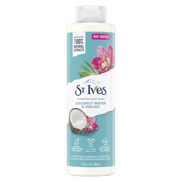 St. Ives Gel Douche à l'Eau de Coco et aux Orchidées en Bouteille Blanche de 650 ml avec Étiquette Bleue Présentant des images de Noix de Coco et d'Orchidée, Fait avec des Extraits 100 % Naturels, Nettoyants d'Origine Végétale, Sans Cruauté, et Emballé dans du Plastique Recyclé, Convient à l'Hydratation et au Nettoyage Quotidiens de la Peau.
