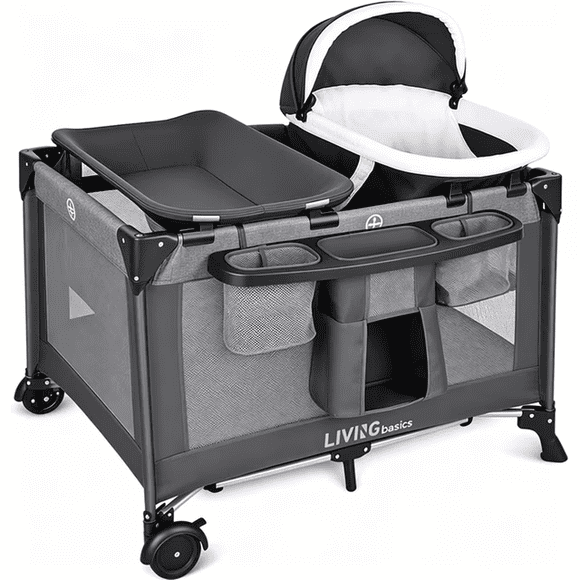 4 in 1 Baby Playard, Foldable Travel Playpen with Bassinet, Removable Cradle and Changing Table, Portable Crib Bed Large Pack and Play Nursery Center