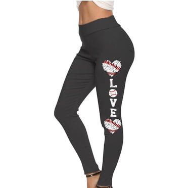 EGNMCR Leggings pour Femmes Dames Mode Couleur Unie Baseball Imprimé Cœur Taille Haute Leggings Décontractés Pantalons