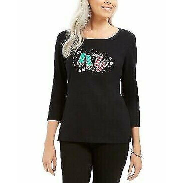 Karen Scott Cotton Flip-Flops Holiday Graphic Top in black, featuring a festive flip-flop graphic with holiday-themed designs on the front. This holiday blouse has a round neckline and three-quarter sleeves, ideal for casual or seasonal wear.