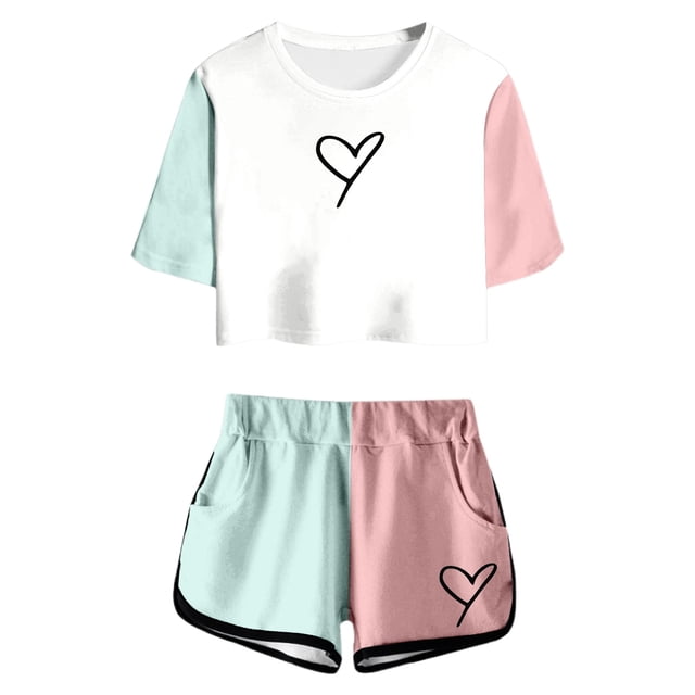 Hiiyo Big Girls Outfits Color Block Short Sleeve T-Shirt and Shorts Set, Size 4-14