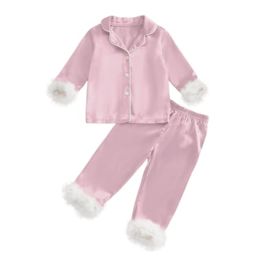 GDREDA Girls Spring Outfits Children Fashion Solid Casual Comfort Pajamas Set Long Sleeve Shirt Trousers Two Sets Pink,6-7 Years