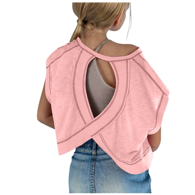 Plebaso Girls Workout Tops Long/Short Sleeve Open Back Shirts Kids Athletic Running Cropped Tees Tops