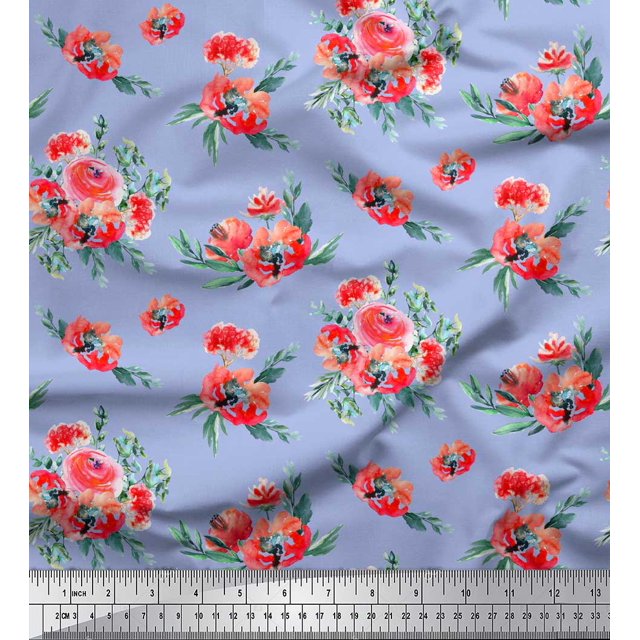 Soimoi Blue Cotton Voile Fabric Leaves & Ranunculus Floral Fabric Prints By Yard 56 Inch Wide