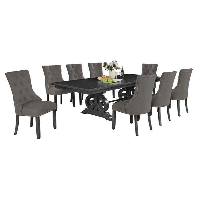 Ensemble de Salle à Manger en Bois Gris Foncé avec Table Extensible et Chaises en Lin Gris