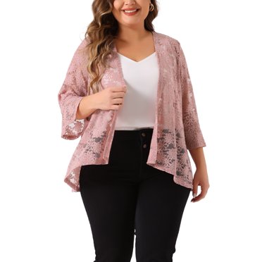 Agnes Orinda Cardigan pour Femmes Grande Taille, Ouvert à l'Avant, Manches Cloche 3/4, Transparent, en Dentelle, Couvre-Maillot, 1X Rose